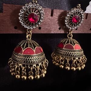 Bollywood Desi Boho Jhumka Antique Gold Tone w/Red Accent Earrings